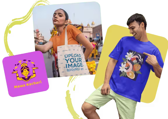 A set of three Indian-themed templates available on Placeit, featuring vibrant colors and festive designs for Holi. Includes a customizable tote bag mockup, a bright floral t-shirt mockup, and a playful food business logo.