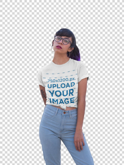 Transparent Mockup of a Woman with Purple Hair Wearing a Knotted Tee Against Some Tensile Structures