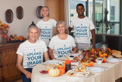 Mockup of a Family Wearing T-Shirts and Having a Thanksgiving Dinner