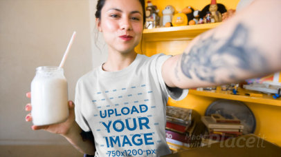 Selfie T-Shirt Video of a Woman Drinking a Milkshake 