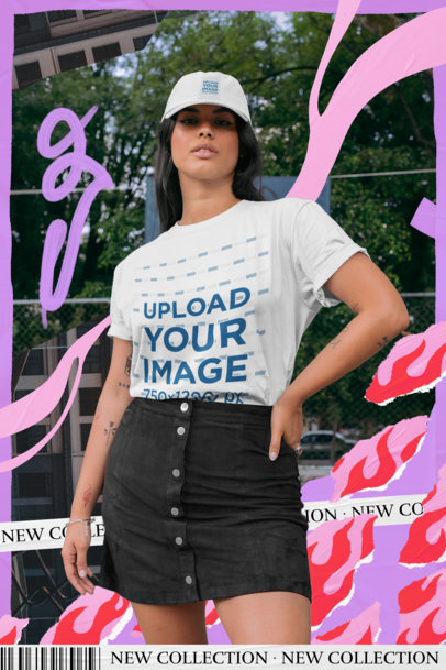 T-Shirt and Dad Hat Mockup Featuring a Serious Woman for a New Collection Promo
