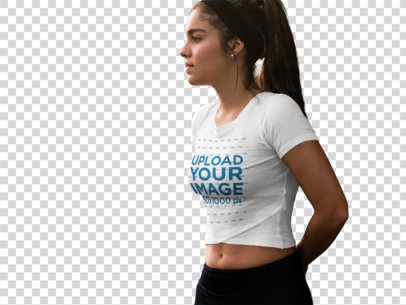 Transparent Activewear T-Shirt Mockup Featuring Woman Leaning on Brick Wall